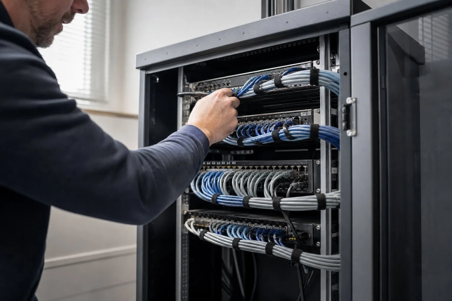 Technicus sluit bekabeling aan in een netwerkkast bij een kantoorinstallatie