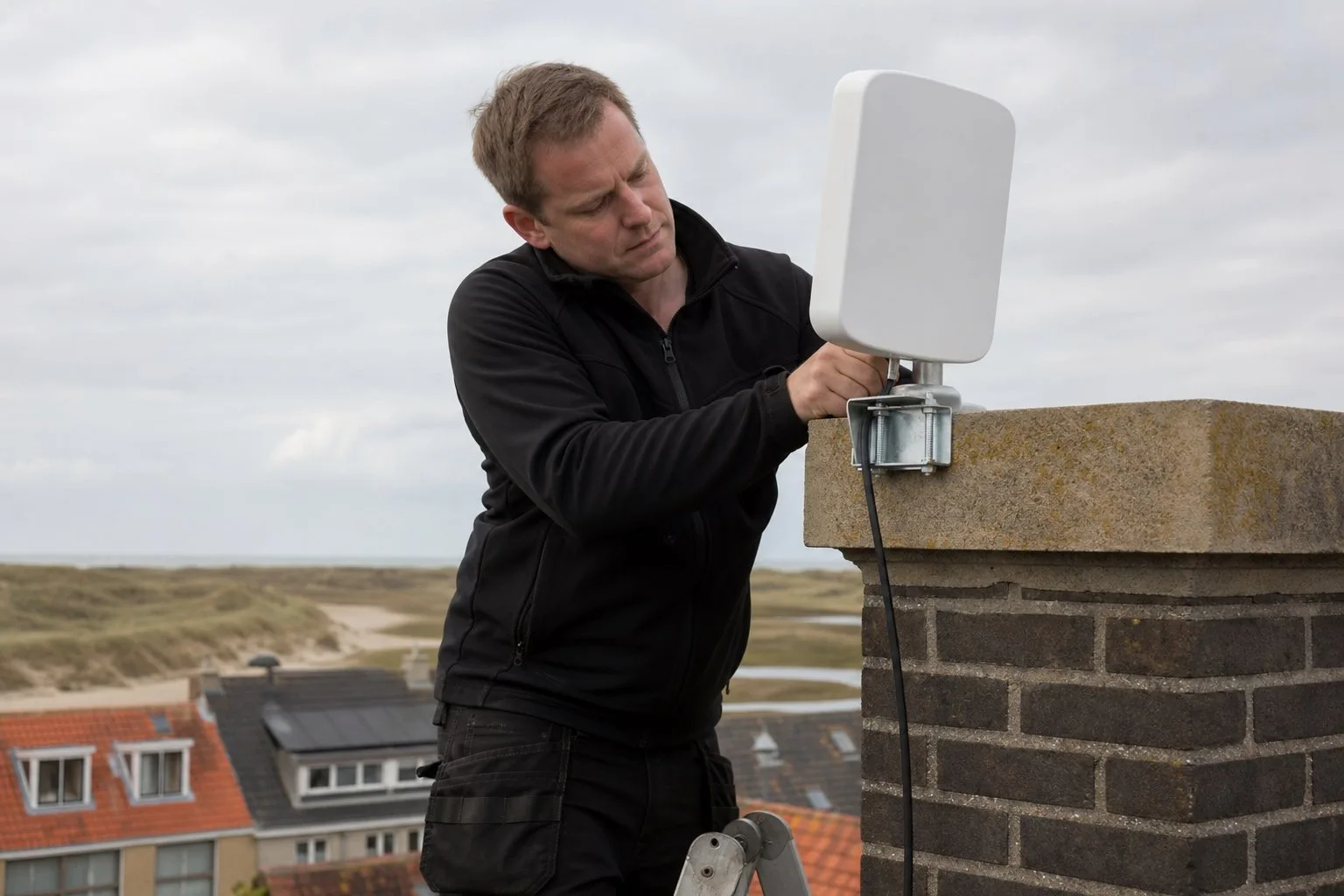 Montage van een straalverbinding-antenne op een dak in Zeeland